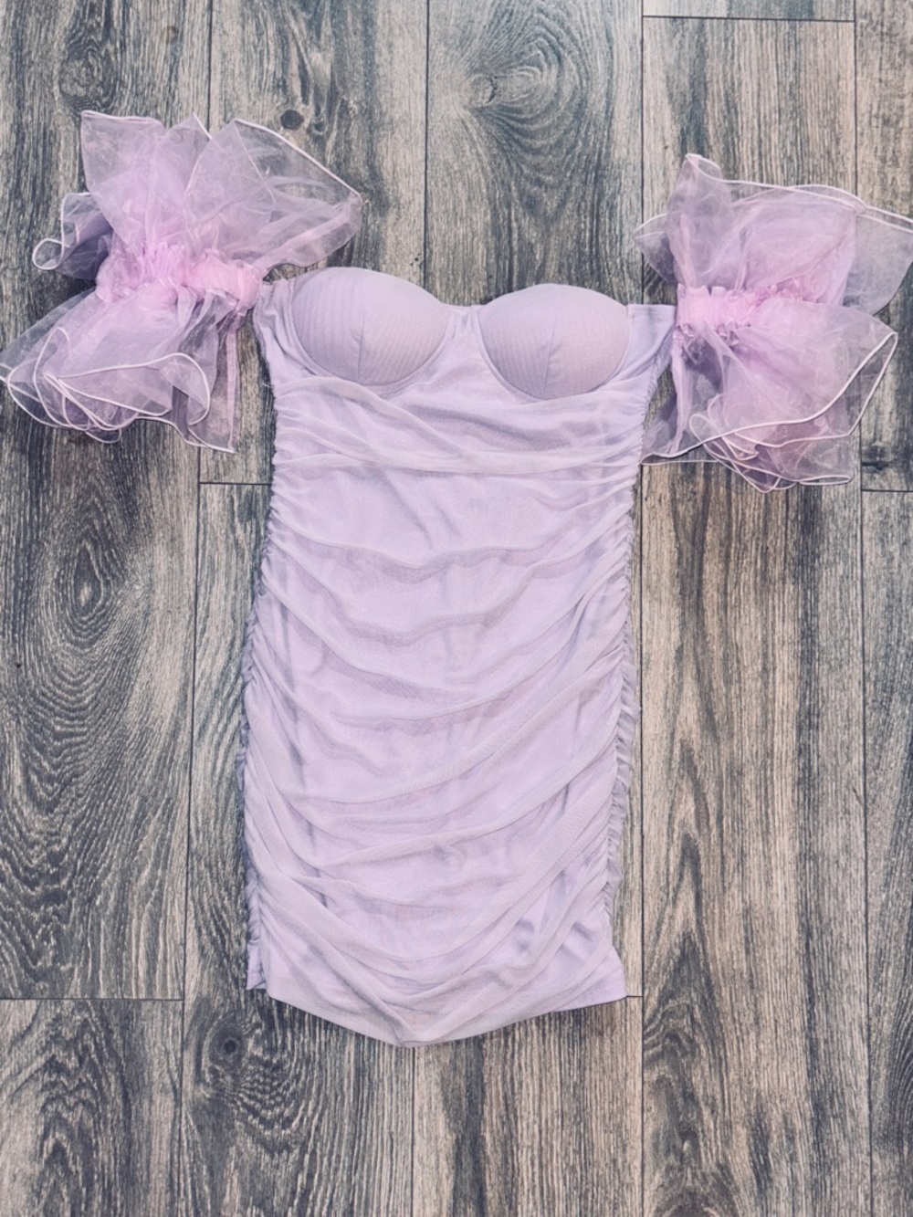 Lavender Ruched Mesh Fairycore Prom Dress Puffy Sleeves